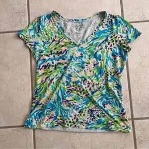 Lilly Pulitzer T Shirt Blue Green Sea Soiree Cotton Size Medium V-Neck Top